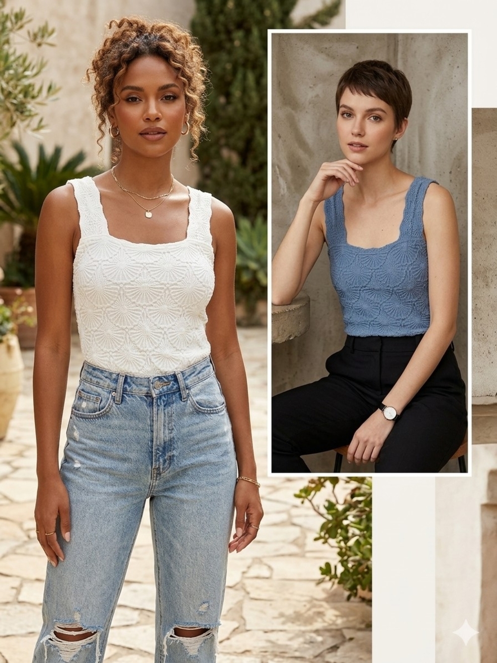 Bundle 2 Aura Weekend Tank Tops M/L Blue White Raised Geometric Fan Knit Modal